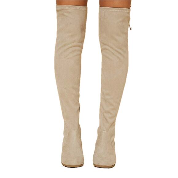 New 7.5 Beige Thigh High Cuban Heel Vegan Suede Boots Low Faux Tie Zip Round Toe - Picture 1 of 9